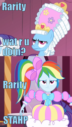 Size: 412x720 | Tagged: safe, edit, edited screencap, screencap, rainbow dash, rarity, equestria girls, swarm of the century, clothes, dress, dressup, image macro, implied rarity, mare antoinette, marie antoinette, rainbow dash always dresses in style, rainbow dash is not amused, stahp, this is our big night, unamused