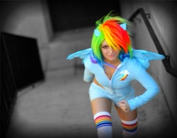 Size: 679x532 | Tagged: safe, artist:ladymella, rainbow dash, human, cosplay, irl, irl human, midriff, photo, solo