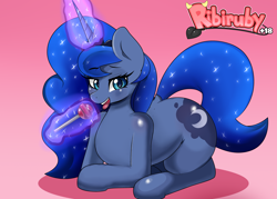 Size: 4200x3000 | Tagged: safe, artist:ribiruby, princess luna, alicorn, pony, candy, female, food, glowing horn, gradient background, horn, lidded eyes, lollipop, looking at you, magic, mare, open mouth, prone, smiling, solo, telekinesis, tongue out, wingless