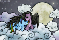 Size: 800x549 | Tagged: safe, artist:christinies, artist:ex626akakeon, rainbow dash, oc, oc:skywind, pegasus, pony, canon x oc, cloud, cloudy, cuddling, eyes closed, female, male, moon, night, shipping, snuggling, straight