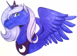 Size: 3970x2885 | Tagged: safe, artist:bennythebunny95, princess luna, alicorn, pony, bust, ear fluff, eyebrows visible through hair, female, hoers, horn, jewelry, mare, portrait, profile, regalia, s1 luna, simple background, solo, spread wings, traditional art, white background, wings