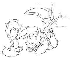 Size: 709x572 | Tagged: safe, artist:xioade, rainbow dash, scootaloo, pegasus, pony, carrot, eyes closed, monochrome, mouth hold, pet, petting, smiling, tail wag