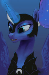 Size: 766x1160 | Tagged: safe, artist:xxkrutoy, princess luna, alicorn, pony, armor, blue background, bust, fangs, glowing horn, helmet, horn guard, horn guard (armor), ponytail, portrait, simple background, solo, spread wings, warrior luna, wings