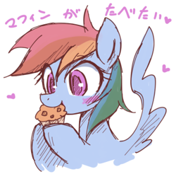 Size: 350x344 | Tagged: safe, artist:kolshica, rainbow dash, pegasus, pony, blushing, cute, dashabetes, eating, female, food, heart, hoof hold, japanese, mare, muffin, nom, smiling, solo, spread wings, wings