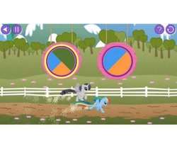 Size: 500x417 | Tagged: safe, screencap, rainbow dash, rarity, pegasus, pony, unicorn, discorded, fence, game, glimmer wings, leapfrog, official, video game