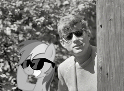 Size: 1159x855 | Tagged: safe, artist:shinodage, edit, rainbow dash, human, pony, american presidents, black and white, grayscale, irl, irl human, john f. kennedy, photo, ponies in real life, president, smiling, sunglasses