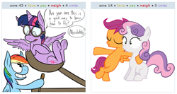 Size: 530x283 | Tagged: safe, rainbow dash, scootaloo, sweetie belle, twilight sparkle, twilight sparkle (alicorn), alicorn, pegasus, pony, behold, exploitable meme, female, juxtaposition, juxtaposition win, mare, meme, meta