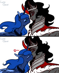 Size: 1099x1368 | Tagged: safe, artist:luna dave, king sombra, princess luna, alicorn, pony, female, jewelry, kissing, lumbra, male, mare, red eyes, regalia, shipping, simple background, sketch, stallion, straight, white background