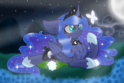 Size: 1200x800 | Tagged: safe, artist:butterfly1624, princess luna, alicorn, butterfly, pony, chest fluff, crown, cute, ear fluff, ethereal mane, eye clipping through hair, female, flower, hoof shoes, jewelry, leg fluff, lunabetes, mare, moon, night, prone, regalia, sky, solo, starry mane, starry night, stars, wing fluff