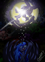 Size: 2550x3509 | Tagged: safe, artist:omega-scarlett, princess luna, alicorn, pony, crying, destruction, moon, reaching out, sad, tears of pain