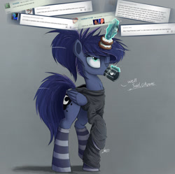 Size: 1500x1491 | Tagged: safe, alternate version, artist:ncmares, princess luna, alicorn, pony, ask, ask majesty incarnate, chest fluff, clothes, coffee, dialogue, donut, drinking, ear fluff, female, food, magic, mare, one eye closed, socks, solo, striped socks, telekinesis, text, tumblr