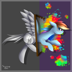 Size: 1000x1000 | Tagged: safe, artist:isketchi, rainbow dash, pegasus, pony, partial color, solo, surreal