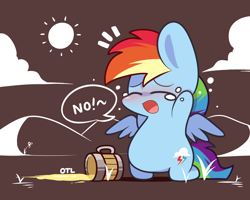 Size: 1000x800 | Tagged: safe, artist:php56, rainbow dash, pegasus, pony, :o, blushing, chibi, cider, cider dash, cloud, crying, cute, dashabetes, dialogue, eyes closed, female, flower, kneeling, open mouth, solo, spill, sun