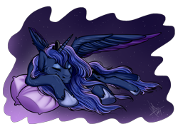 Size: 1800x1300 | Tagged: safe, artist:julis-rocks, princess luna, alicorn, pony, pillow, prone, signature, sleeping, smiling, solo, starry background