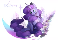 Size: 1593x1087 | Tagged: safe, artist:tingsan, princess luna, alicorn, pony, crescent moon, crown, cute, ethereal mane, female, hug, jewelry, lavender, lunabetes, mare, moon, regalia, solo, starry mane, tail hug, underhoof