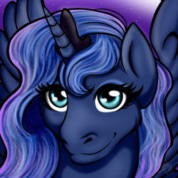 Size: 1300x1300 | Tagged: safe, artist:julis-rocks, princess luna, alicorn, pony, bust, ethereal mane, female, mare, night, smiling, solo, spread wings, starry mane, stars, wings