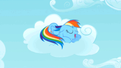 Size: 960x540 | Tagged: safe, screencap, rainbow dash, pegasus, pony, the cutie pox, animated, cloud, cloud sculpting, cloudy, cute, cutie mark, cylinder, dashabetes, eyes closed, female, floppy ears, gif, hoop, hooves, improbable aiming skills, loop-de-hoop, lying on a cloud, mare, on a cloud, open mouth, prone, sleeping, sleepydash, smiling, snoring, solo, wings