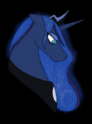 Size: 630x850 | Tagged: safe, artist:samsx22, princess luna, alicorn, pony, black background, bust, ethereal mane, female, floppy ears, jewelry, lidded eyes, looking down, mare, regalia, simple background, solo, starry mane, tired