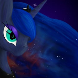 Size: 2000x2000 | Tagged: safe, artist:tunrae, princess luna, alicorn, pony, ethereal mane, female, galaxy mane, mare in the moon, moon, nebula, simple background, solo