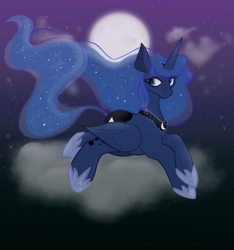 Size: 1515x1616 | Tagged: safe, artist:incapacitatedvixen, princess luna, alicorn, pony, cloud, cloudy, crossed hooves, crown, hoof shoes, jewelry, looking back, lying on a cloud, moon, moonbutt, night, regalia, royalty, solo, stars, tiara