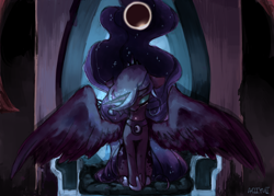 Size: 2898x2070 | Tagged: safe, artist:aoiyui, princess luna, alicorn, pony, crying, eclipse, ethereal mane, eyes closed, glowing horn, horn, princess, sitting, solar eclipse, solo, spread wings, throne, wings
