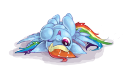 Size: 626x345 | Tagged: safe, artist:strangemoose, rainbow dash, pegasus, pony, cute, dashabetes, hnnng, on back, one eye closed, open mouth, silly, solo, upside down, wink