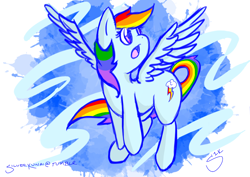 Size: 970x686 | Tagged: safe, artist:silver1kunai, rainbow dash, pegasus, pony, :o, female, flying, mare, open mouth, signature, solo