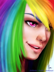 Size: 768x1024 | Tagged: safe, artist:riotfaerie, rainbow dash, human, bust, humanized, light skin, portrait, solo