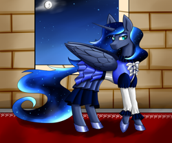 Size: 2400x2000 | Tagged: safe, artist:zachc, princess luna, alicorn, pony, clothes, dress, ethereal mane, female, hoof shoes, horn, interior, mare, moon, sky, solo, starry mane, stars, wings