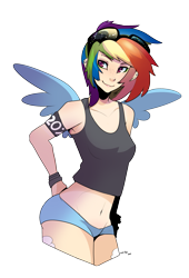 Size: 1819x2677 | Tagged: safe, artist:wicklesmack, rainbow dash, human, belly button, clothes, female, freckles, humanized, light skin, midriff, shorts, simple background, smiling, solo, transparent background, vector, winged humanization