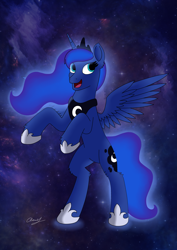 Size: 2893x4092 | Tagged: safe, artist:endertony, princess luna, alicorn, pony, ethereal mane, female, galaxy, happy, hoof shoes, jewelry, mare, open mouth, rearing, regalia, solo, space, spread wings, wings