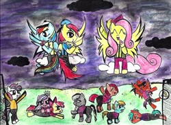 Size: 1024x745 | Tagged: safe, artist:sue9000, apple bloom, babs seed, diamond tiara, fluttershy, rainbow dash, scootaloo, silver spoon, snails, snips, sweetie belle, oc, oc:crimson azure, pegasus, pony, bipedal, clothes, cutie mark crusaders, football, hat, hoofball, ink stain, painting, rainblow dash, referee, traditional art, whistle