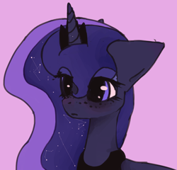 Size: 700x671 | Tagged: safe, artist:byebyebat, princess luna, alicorn, pony, bust, constellation, crown, cute, ethereal mane, female, freckles, jewelry, lunabetes, mare, pink background, portrait, purple background, regalia, simple background, solo, starry mane