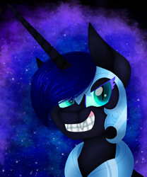 Size: 1000x1200 | Tagged: safe, artist:mlplmaster, nightmare moon, princess luna, alicorn, pony, ethereal mane, fangs, female, galaxy mane, grin, hair over one eye, helmet, horn, jewelry, long horn, mare, nightmare luna, regalia, smiling, solo, starry mane