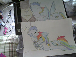 Size: 800x600 | Tagged: safe, artist:amberisbroken, rainbow dash, soarin', pegasus, pony, female, male, redraw, shipping, soarindash, straight, traditional art