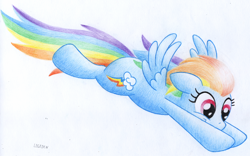 Size: 1024x639 | Tagged: safe, artist:legeden, rainbow dash, pegasus, pony, flying, solo, traditional art