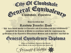 Size: 1000x750 | Tagged: safe, rainbow dash, cloudsdale, diploma, ged, middle name, name, paper, text, text only