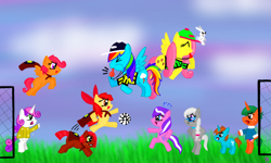 Size: 854x512 | Tagged: safe, artist:sue9000, angel bunny, apple bloom, babs seed, diamond tiara, fluttershy, rainbow dash, scootaloo, silver spoon, snails, snips, sweetie belle, pegasus, pony, ball, bipedal, blowing whistle, cape, clothes, coach rainbow dash, cutie mark crusaders, football, hat, jersey, rainblow dash, referee, shirt, whistle