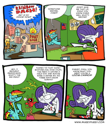 Size: 1000x1128 | Tagged: safe, artist:krampuskind, rainbow dash, rarity, fruit bat, pegasus, pony, unicorn, chili dog, clothes, comic, hot dog, murry purry fresh and furry, necktie, speech bubble, vulgar, webcomic