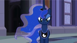 Size: 1280x720 | Tagged: artist needed, safe, princess luna, alicorn, pony, canterlot, crown, evil, evil smirk, female, flowing mane, jewelry, lidded eyes, looking at you, mare, regalia, smiling, smirk, solo, stars in mane, window