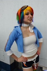 Size: 1355x2048 | Tagged: safe, artist:donknnj, rainbow dash, human, clothes, cosplay, goggles, hoodie, irl, irl human, photo, shorts, solo, wondercon