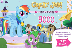 Size: 749x496 | Tagged: safe, screencap, derpy hooves, doctor whooves, masquerade, orion, perfect pace, rainbow dash, shooting star (character), spike, star gazer, dragon, pegasus, pony, bowtie, emerald beacon, equestrivia challenge, game, hubworld, medal, text, the master