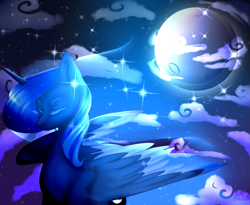 Size: 1399x1149 | Tagged: safe, artist:tongza322srms, princess luna, alicorn, pony, cloud, eyes closed, full moon, moon, night, signature, sky, solo, stars