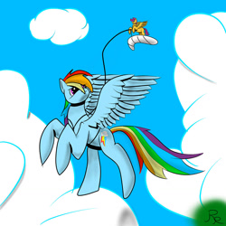 Size: 1280x1280 | Tagged: safe, artist:rainrunnerhun, rainbow dash, scootaloo, pegasus, pony, cloud, cloudy, flying, sky