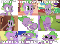 Size: 669x494 | Tagged: safe, edit, edited screencap, editor:undeadponysoldier, screencap, pinkie pie, princess luna, spike, twilight sparkle, alicorn, dragon, pony, unicorn, dragon quest, over a barrel, owl's well that ends well, spike at your service, caption, crying, female, golden oaks library, image macro, male, mare, poor spike, sad, text, wrong aspect ratio