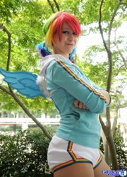 Size: 1478x2048 | Tagged: safe, artist:burloire, artist:rose0fmay, rainbow dash, human, clothes, cosplay, irl, irl human, photo, shorts, solo, wings