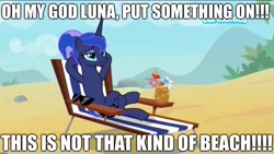 Size: 2048x1152 | Tagged: safe, edit, edited screencap, screencap, princess luna, alicorn, pony, between dark and dawn, beach, beach chair, bendy straw, caption, cartoonito logo, cocktail umbrella, drink, drinking straw, excessive exclamation marks, female, food, fruit, hooves behind head, image macro, implied nudity, lewd, mare, pineapple, solo, straw, strawberry, sunbathing, sunglasses, text, we don't normally wear clothes