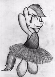 Size: 2346x3300 | Tagged: safe, artist:drawponies, rainbow dash, pegasus, pony, ballerina, ballet, bipedal, clothes, cute, dress, eyes closed, female, grayscale, happy, mare, monochrome, rainbow dash always dresses in style, rainbowrina, simple background, solo, traditional art, tutu, white background, wingless