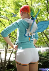 Size: 1417x2048 | Tagged: safe, artist:burloire, artist:rose0fmay, rainbow dash, human, ass, clothes, cosplay, irl, irl human, photo, shorts, solo