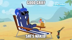 Size: 899x499 | Tagged: safe, edit, edited screencap, screencap, princess luna, alicorn, pony, between dark and dawn, beach, beach chair, cartoonito logo, crossover, female, hooves behind head, mare, nickelodeon, nudity, relaxing, sheldon j. plankton, shocked, solo, spongebob squarepants, sunglasses, text, the algae's always greener, we don't normally wear clothes